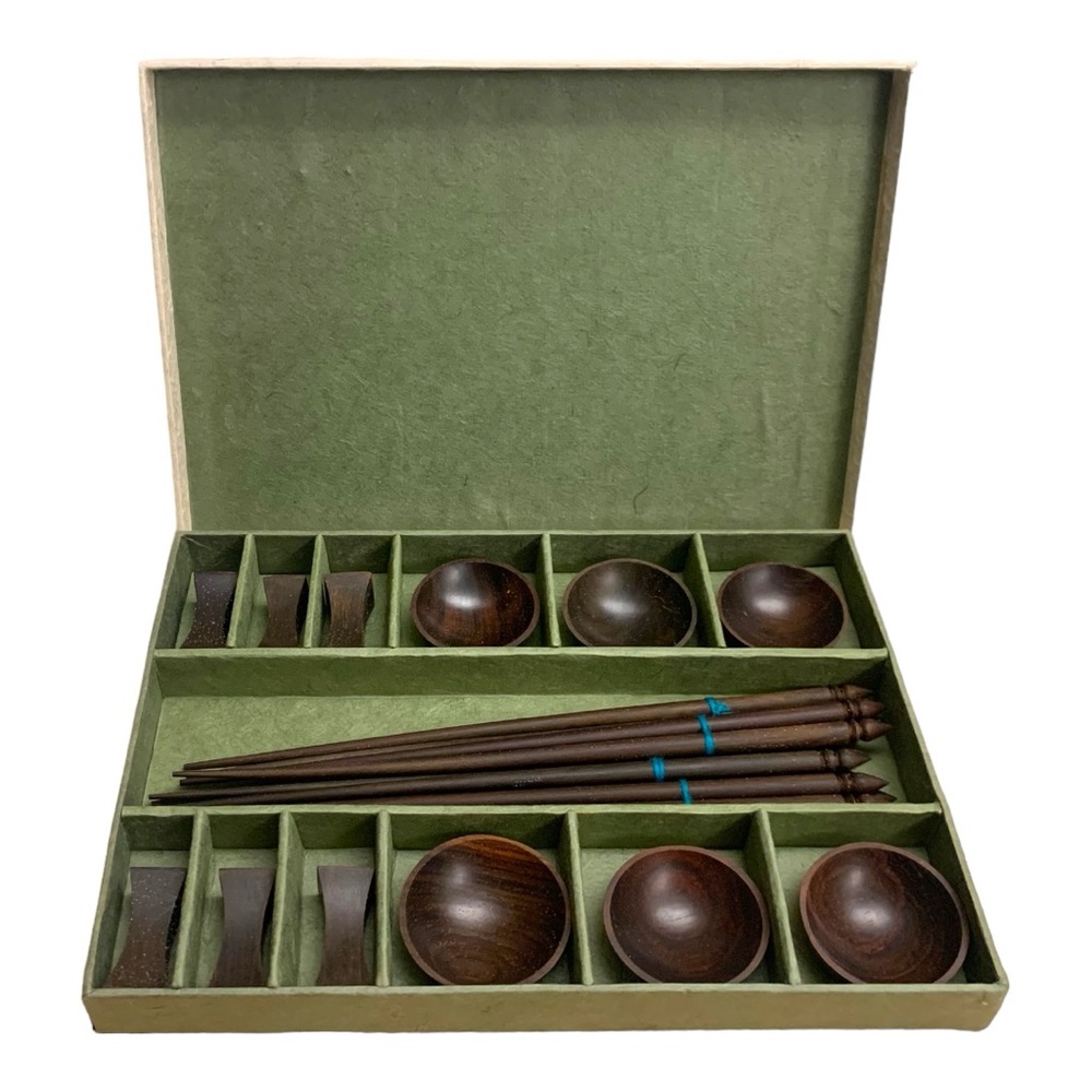 NIB Bamboo Handcrafted Carved Asian Sushi Wood Chopstick Dipping Bowl 6 Set